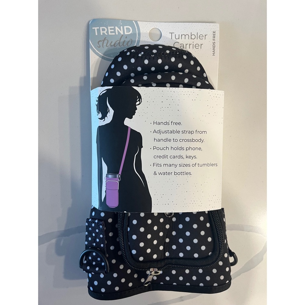 Trend Studio Tumbler Carrier Black White Polka Dot Crossbody Water Bottle Bag